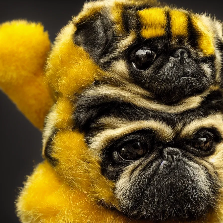 Image similar to bumblebee pug, soft and fluffy, macro photography, high resolution photo, cinematic lighting, beehive interior backgrounds, there is only one bumblepug, solo subject, trending on artstation,