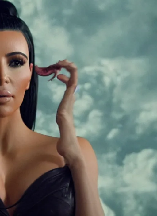 Image similar to movie still of a kim kardashian with a alien facehugger on her face, cinematic.