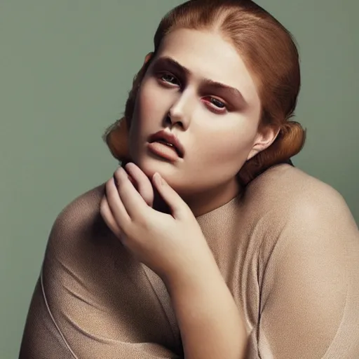 Prompt: a muted colors natural make-up portrait Photograph of a plus-size model, editorial story, Vogue France, editorial photographer by Peter Gehrke