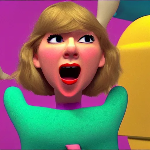 Prompt: little miss taylor swift screaming by roger hargreaves and jim henson, unreal engine 3 d hd 4 k