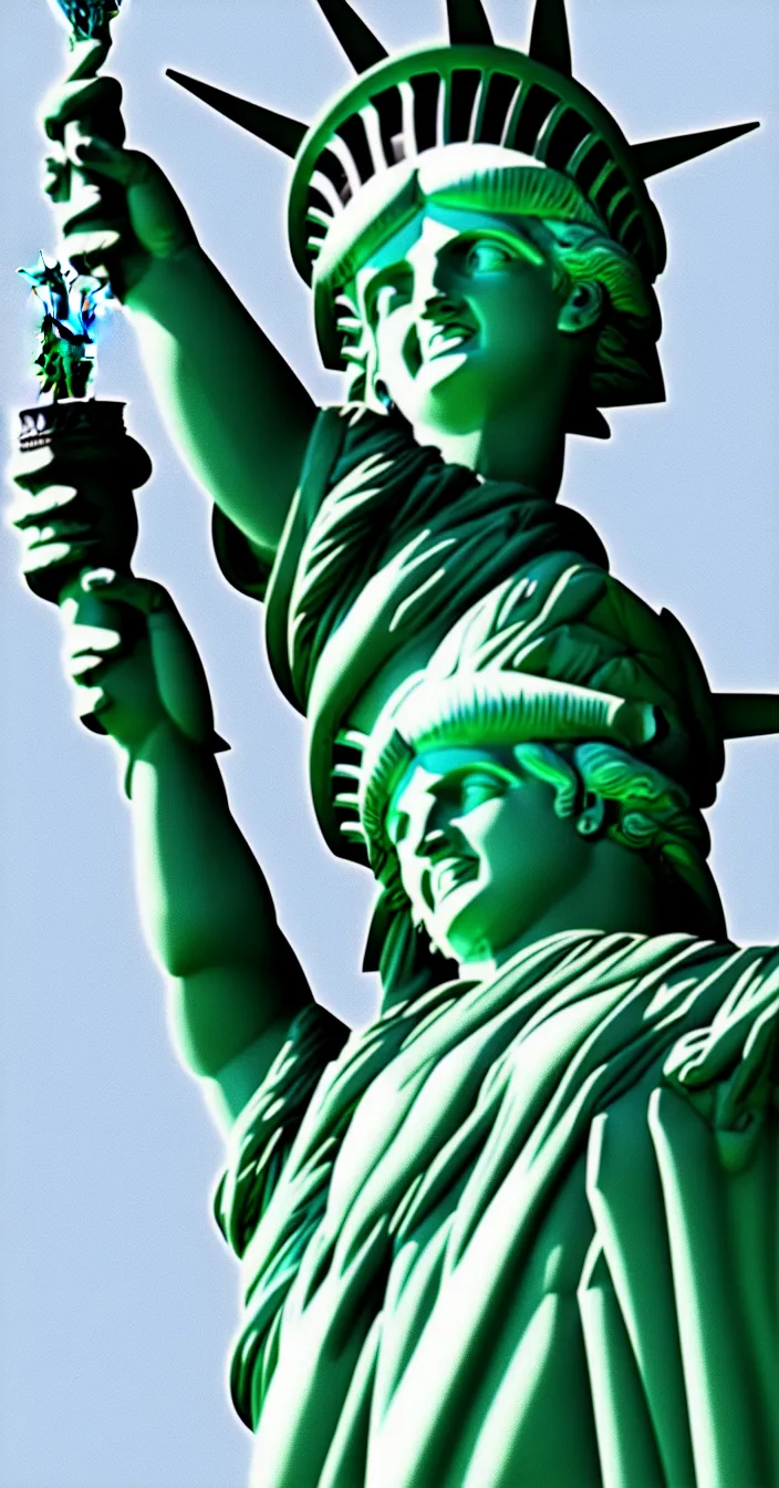 Image similar to the statue of liberty laughing like a madman, digital art