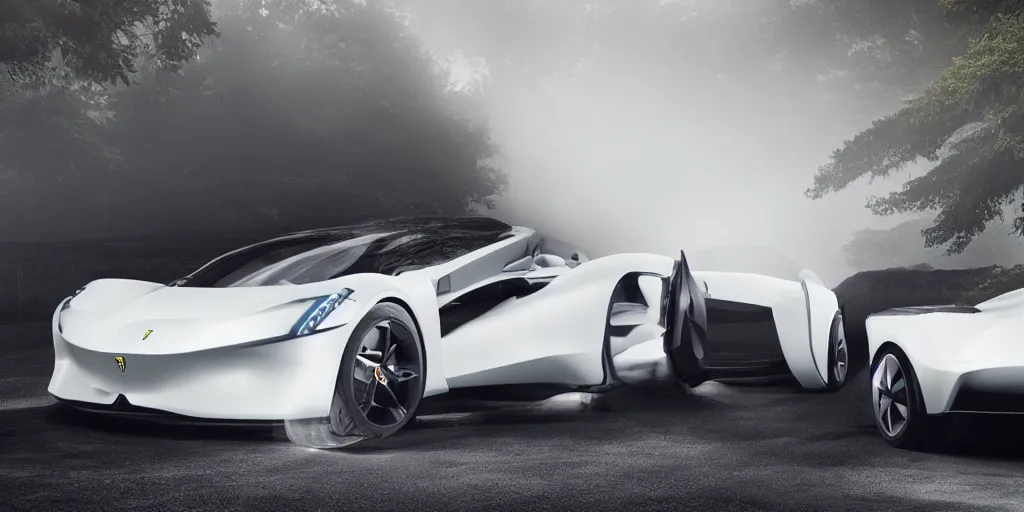 Image similar to a electric sport car designed by ferrari, outdoor magazine, ambient light, fog