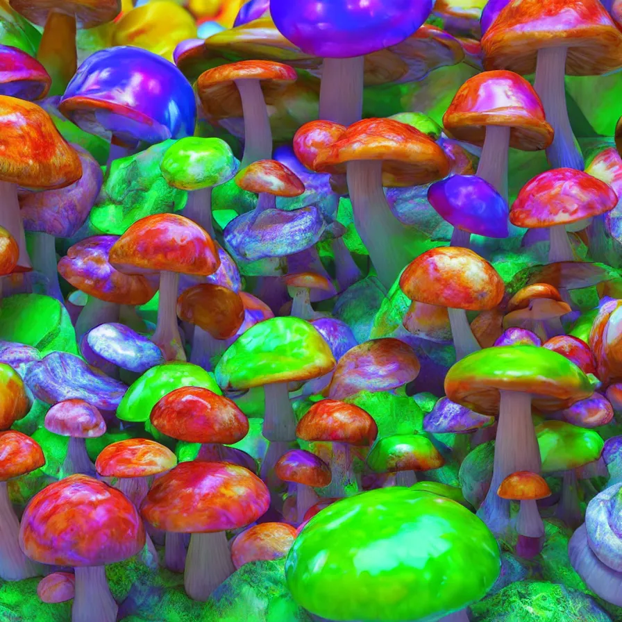 Prompt: colorful mushrooms, a computer render by jonathan zawada, flume, a 3 d render, featured on polycount, shutterstock contest winner, psychedelic art, psychedelic, rendered in cinema 4 d, 3 d