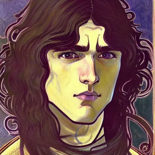 Image similar to painting of young handsome beautiful paladin elf! man with long wavy dark hair in his 2 0 s named shadow taehyung at the blueberry party, wearing armor!, elegant, clear, painting, stylized, delicate, soft facial features, art, art by alphonse mucha, vincent van gogh, egon schiele,