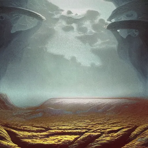 Image similar to artistic digital artwork of an epic natural scene on an alien planet. beautiful landscape by vincent bons, michael whelan, remedios varo and gerardo dottori. grainy and rough. interesting pastel colour palette. beautiful light. oil and water colour based on high quality render.