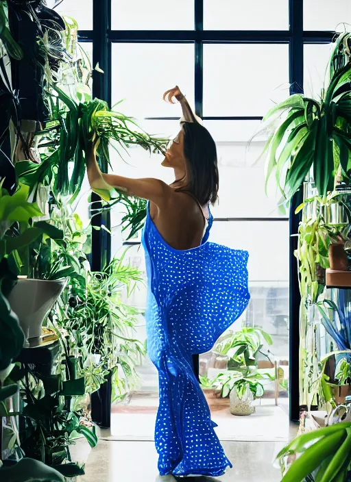 Image similar to woman dancing in a marine blue summer dress, fashion magazine, indoor plants in the background, elegant, photorealistic camera shot, studio lighting, crisp quality and light reflections