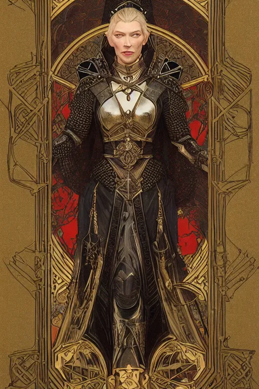 Prompt: tarot card, the emperor, armored woman, looks like cate blanchett, beautiful, medieval, super detailed, ornate, by alphonse mucha, artstation, greg rutkowski, symmetry, red, gold, white, black, 8 k