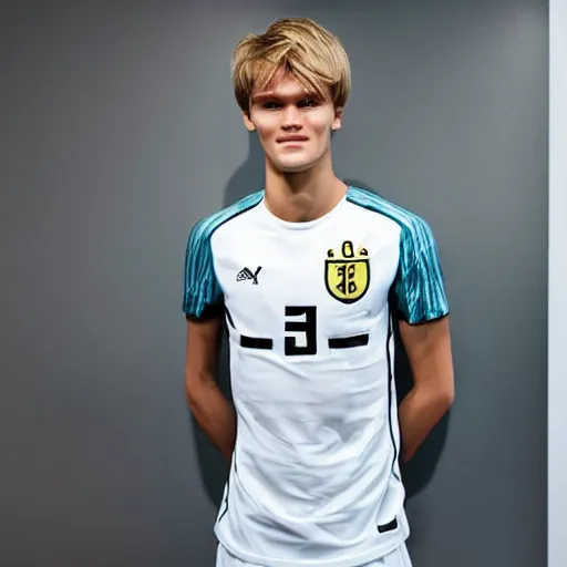 Image similar to a realistic detailed photo of a guy who is an attractive humanoid who is half robot and half humanoid, who is a male android, soccer player martin ødegaard, shiny skin, posing like a statue, blank stare, in a living room, on display, showing off his muscles