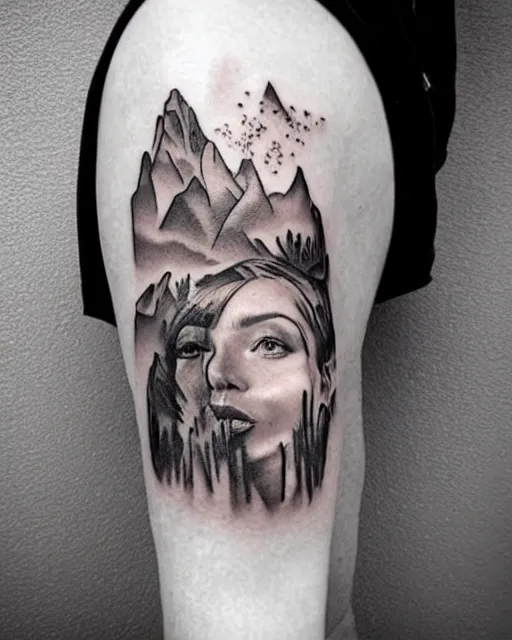 Image similar to creative double exposure effect tattoo design sketch of isabelledeltore faded with beautiful mountain scenery, realism tattoo, in the style of matteo pasqualin, amazing detail, sharp