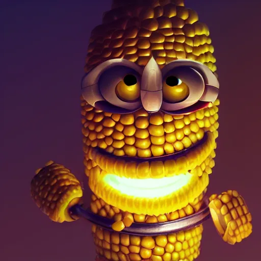 Image similar to Anthropomorphic corn cob is a video game developer working late into the night on his greatest game ever, hyperrealistic, artstation, 8k, concept art, very detailed, hd, digital painting, dramatic lighting