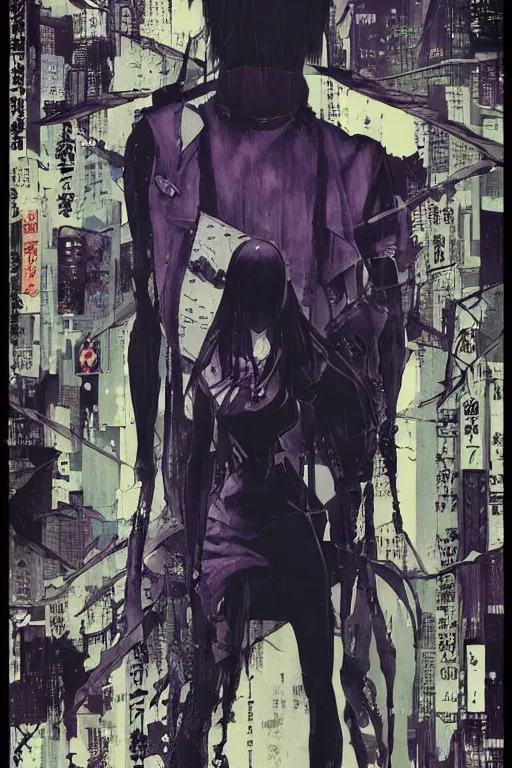 Prompt: professionally drawn seinen mature cyberpunk detective horror action manga comic cover, full color, beautifully drawn coherent professional, drawn by ilya kuvshinov!, satoshi kon, kentaro miura, dave mckean, tsutomu nihei. japanese script kanji hiragana on the cover. minimalist stylized cover art. purple indigo blue cel shaded