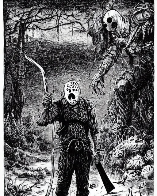 Image similar to Jason Voorhees as a D&D monster, pen-and-ink illustration, etching, by Russ Nicholson, DAvid A Trampier, larry elmore, 1981, HQ scan, intricate details, high contrast