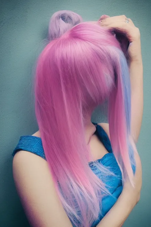 Image similar to “portrait of a depressed female multi-millionaire, pink and blue hair, surrealist”