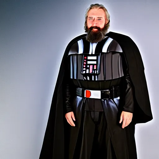 Prompt: a realistic high definition 3 5 mm magazine centerfold full body photograph of an overweight bearded old darth vader. he is wearing a ceremonial outfit made of finely embroidered leather. natural light and river setting. dynamic composition and volumetric lighting.