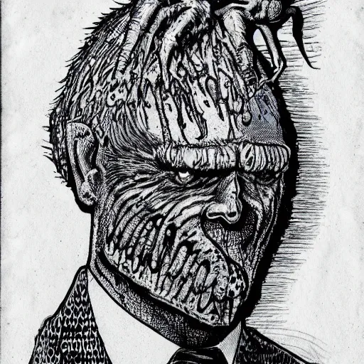 Image similar to a Pop Wonder scary horror themed goofy-hilarious-swamp-bog-monster-spaced-out-dead-head-with-space-in-his-oraphus, 3-piece-suit, dime-store-comic drawn with charcoal and pen and ink, half-tone-line-stacking