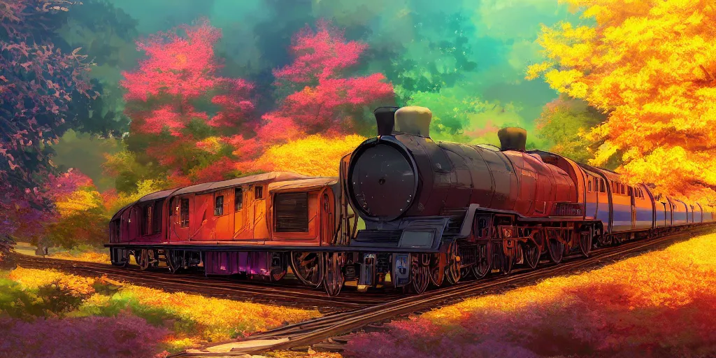 Image similar to A beautiful illustration of beautiful Hogwarts train, autumn, leaves, trees, steam, iridescent, pink, golden, orange, smoke, wide angle, by makoto shinkai, Wu daozi, very detailed, deviantart, 8k, wallpaper, tropical, colorful, airy, anime illustration, anime nature wallpap