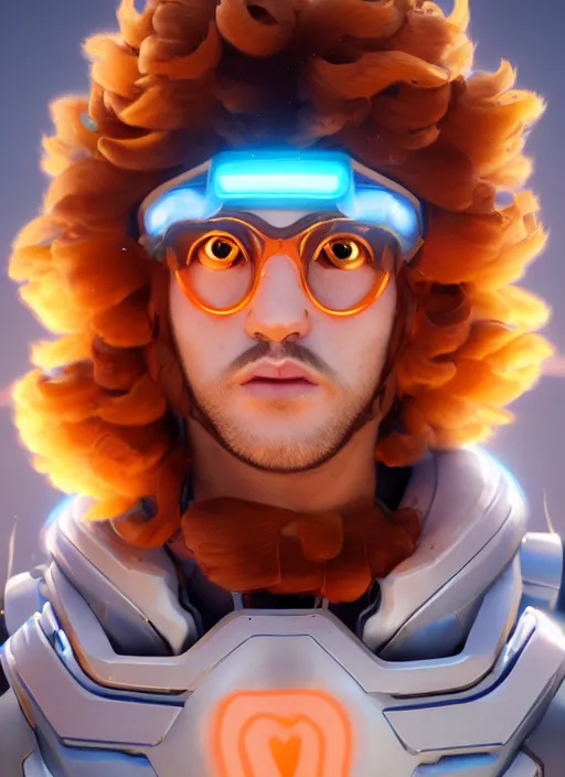 Image similar to glowwave portrait of curly orange hair man from overwatch, made of feathers mist and cloud, au naturel, hyper detailed, digital art, trending in artstation, cinematic lighting, studio quality, smooth render, unreal engine 5 rendered, octane rendered, art style by pixar dreamworks warner bros disney riot games and overwatch.