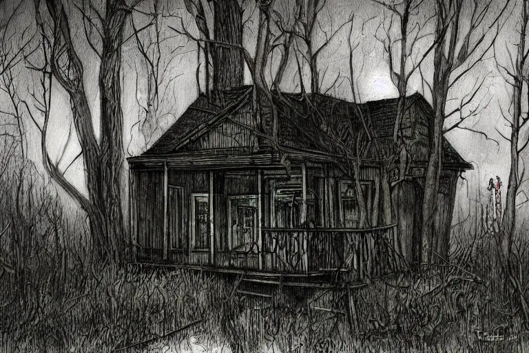 Image similar to mad horror painting of a cabine in the woods by ben templesmith