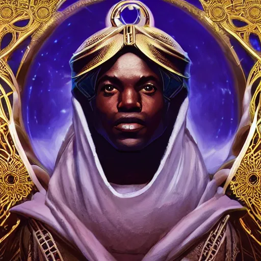 Image similar to symmetry!! an african moor wearing white robes and turban entering the voidspace. ornate, golden, steampunk stargate. front game card. marvel comics. dark. intricate. highly detailed. smooth. artstation. digital illustration by ruan jia, mandy jurgens, artgerm, wayne barlowe, greg rutkowski, and zdislaw beksinsk.