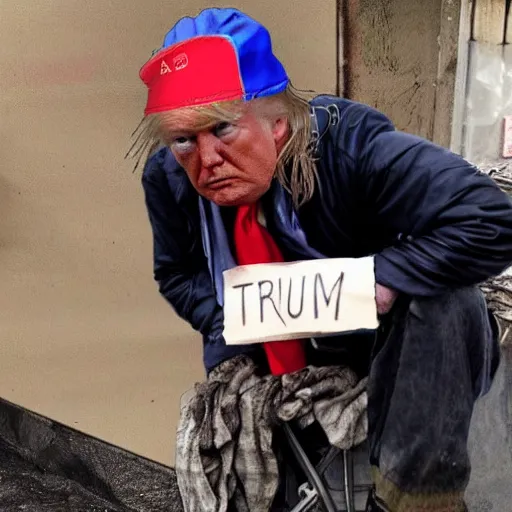 Image similar to donald trump dressed as a homeless man living in the slums