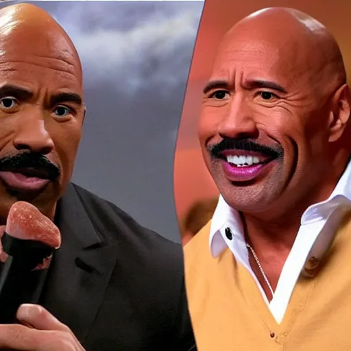 Prompt: Steve Harvey and Dwayne the Rock Johnson crying over a burnt potato