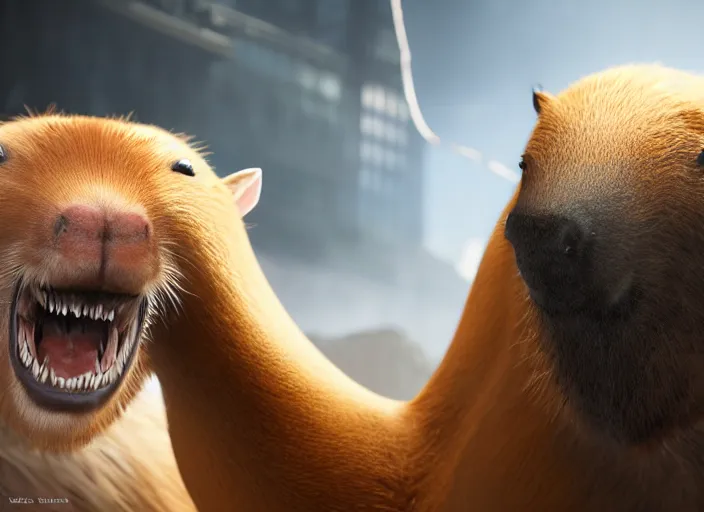 Image similar to venom fused with a capybara, ultra realistic 4 k unreal engine very cinematic render with ray tracing bloom ambient occlusion strong reflections depth of field fog