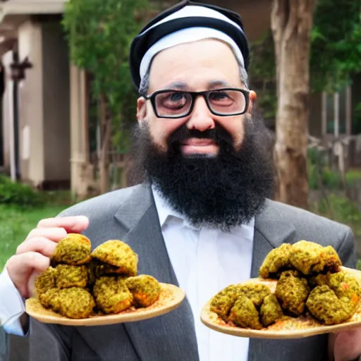 Prompt: a funny looking rabbi with thick glasses holding a big pita with falafel