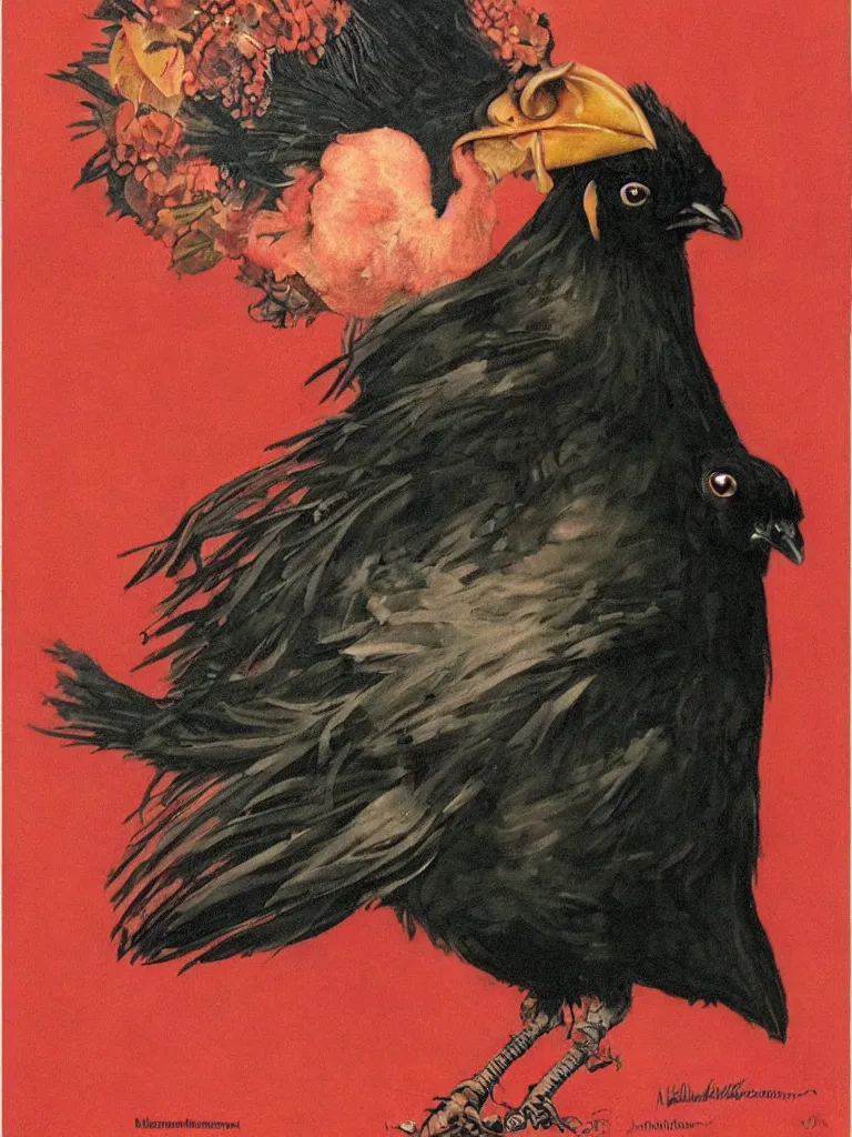 Image similar to a Portrait of a beautiful Black Chicken with a glorious red comb tattoo by Norman Rockwell