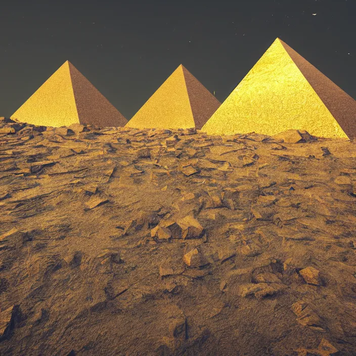 Image similar to a bunch of golden pyramids were thrown on the ground and are laying on dark surface, octane render, bloom effect, unreal engine, sharp focus