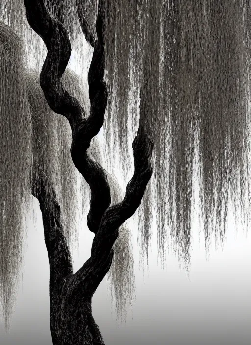 Image similar to nature photograph of a weeping willow with black bark and silver leaves sitting on a cliff in the style of stefan kostic, realistic, half body shot, sharp focus, 8 k high definition, insanely detailed, intricate, elegant, art by stanley lau and artgerm, luis royo, cloudy background