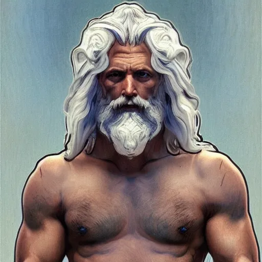 Image similar to painted portrait of rugged zeus, greek god, 4 0 years old, handsome, white hair, soft hair, upper body, muscular, hairy torso, fantasy, intricate, elegant, highly detailed, digital painting, artstation, concept art, smooth, sharp focus, illustration, art by alphonse mucha