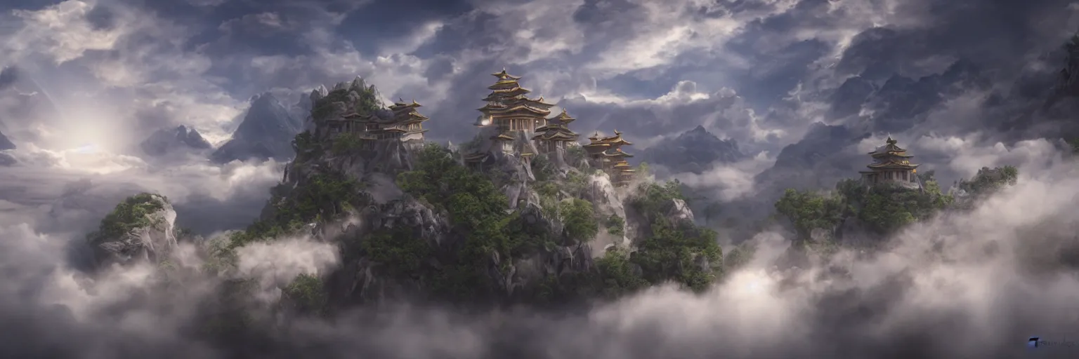 Image similar to flying monastery in the clouds, octane render, by Tomino-sama