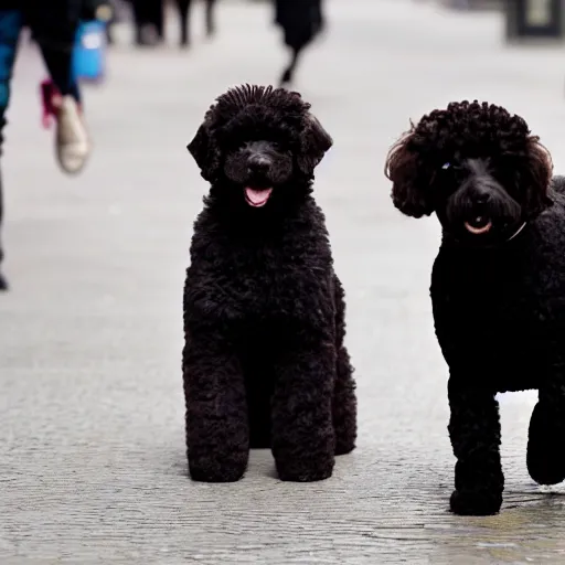 Prompt: black miniature poodle and brown yorskshire terrier best friends walking through london 35mm 4k IMAX sharp focus