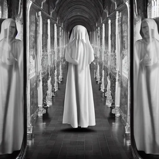 Image similar to nightmare vision, black and white, award winning photo, levitating twin nuns, wearing translucent sheet, Mary in a sanctuary, mirror hallways, eerie, frightening —width 1024 —height 1024