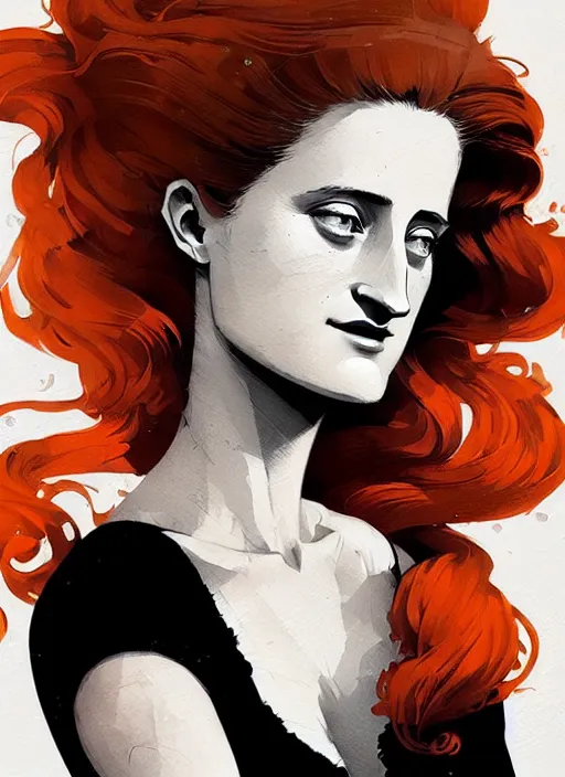 Image similar to highly detailed closeup portrait of beautiful grace gummer as dom dipierro, wavy ginger hair, black dress, by atey ghailan, by greg rutkowski, by greg tocchini, by james gilleard, by joe fenton, by kaethe butcher, gradient orange, black and white color scheme, grunge aesthetic!!! ( ( graffiti tag wall background ) )