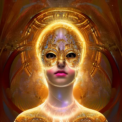 Prompt: highly detailed digital painting of a beautiful goddess by wlop, bright light emerging from her eyes, wearing a mask, sculpted in white opalescent marble, with lots of thin ornaments, disolving with a luminous background, curves and chaotic fractal art inlays, intricate, 8 k, golden aura, cinematic light, background atmospheric effects, sparkles, light rays