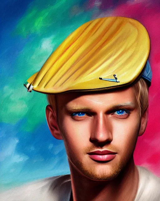 Prompt: colorful painting of a blond man with a propellor cap, matte painting, trending on art station, ultra - detailed, hq