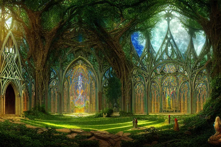 Image similar to a beautiful and highly detailed digital painting of an elven cathedral in a beautiful garden in a mystical forest, celtic, intricate psychedelic details, epic scale, insanely complex, cgsociety, 8 k, sharp focus, hyperrealism, by alex grey, caspar friedrich, albert bierstadt, james gurney, brian froud,