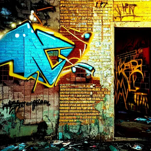 Image similar to graffiti on a wall in a run down building, happy mood, cyberpunk, high detail, golden light, realistic