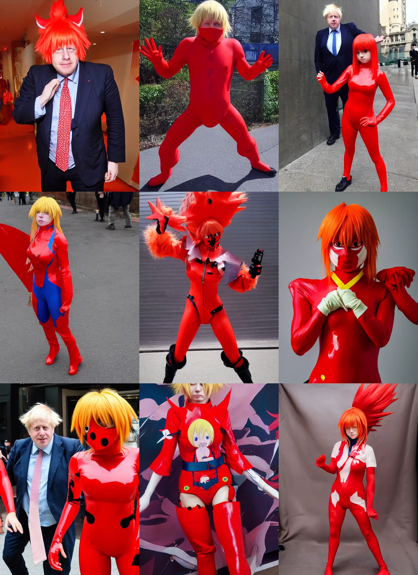 Prompt: boris johnson cosplaying as asuka langley, anime convention, red body suit, high quality, detailed, sigma 8 5 mm