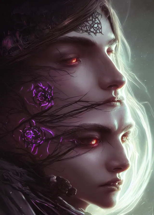 Image similar to Necromancer Sorceress face close-up macro in center, fantasy magic, undercut hairstyle, dark light night, intricate, elegant, sharp focus, illustration, highly detailed, digital painting, concept art, matte, art by WLOP and Artgerm and Greg Rutkowski and Alphonse Mucha, masterpiece