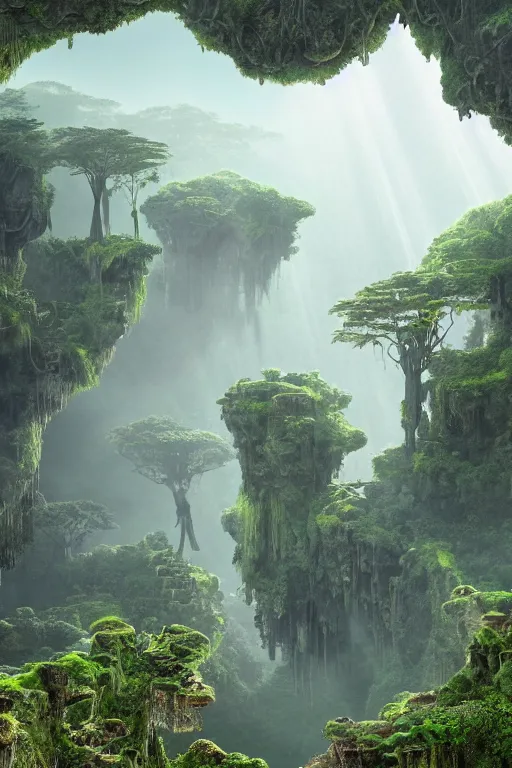 Prompt: ancient fractal temple megastructure in the hanging gardens of a radiant forest jungle, overgrown garden, scanned earth terrain fractal bridges, highly detailed erosion algorithm landscape, by albert bierdstat, by glenn small, high resolution, 8 k photorealism, god rays in volumes of fog, looking up perspective, unreal engine, octane render, realistic render