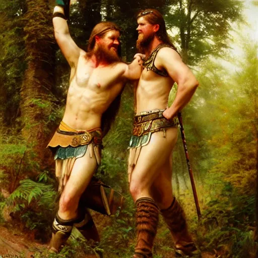 Image similar to 2 attractive male vikings frolicking in the forest. highly detailed painting by gaston bussiere, craig mullins, j. c. leyendecker, 8 k