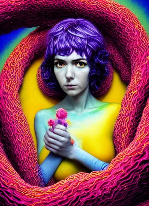 Prompt: hyper detailed 3d render like a Oil painting - Ramona Flowers with wavy black hair wearing thick mascara seen Eating of the Strangling network of colorful yellowcake and aerochrome and milky Fruit and Her staring intensely delicate Hands hold of gossamer polyp blossoms bring iridescent fungal flowers whose spores black the foolish stars by Jacek Yerka, Mariusz Lewandowski, silly face, Houdini algorithmic generative render, Abstract brush strokes, Masterpiece, Edward Hopper and James Gilleard, Zdzislaw Beksinski, Mark Ryden, Wolfgang Lettl, Dan Hiller, hints of Yayoi Kasuma, octane render, 8k