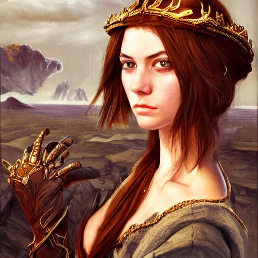 Image similar to high quality high detail portrait of a young gorgeous female warlock looking away from the camera, detailed eyes, no hands visiblefantasy, d & d, painting by lucian freud and mark brooks, hd