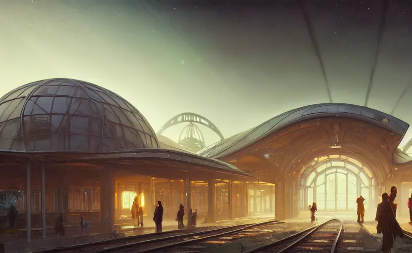 Image similar to exterior shot of utopian train station on the edge of the space with cinematic lighting by renzo piano, darek zabrocki and greg ruthkowski, alphonse mucha, simon stalenhag, cinematic, holy place, paradise, scifi, futurism, atmospheric, concept art, artstation, trending on artstation