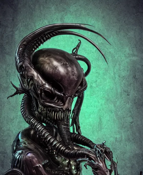 Image similar to xenomorph queen goth model skull eyes hybrid, dragon eggs, dark emerald mist colors, giger background liminal void, cinematic lighting, realistic, award winning photograph, various refining methods, micro macro autofocus