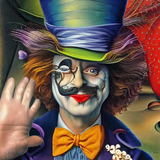 Prompt: close up of the mad hatter who looks like salvador dali in wonderland by jacek yerka and salvador dali, detailed matte painting, 8 k resolution