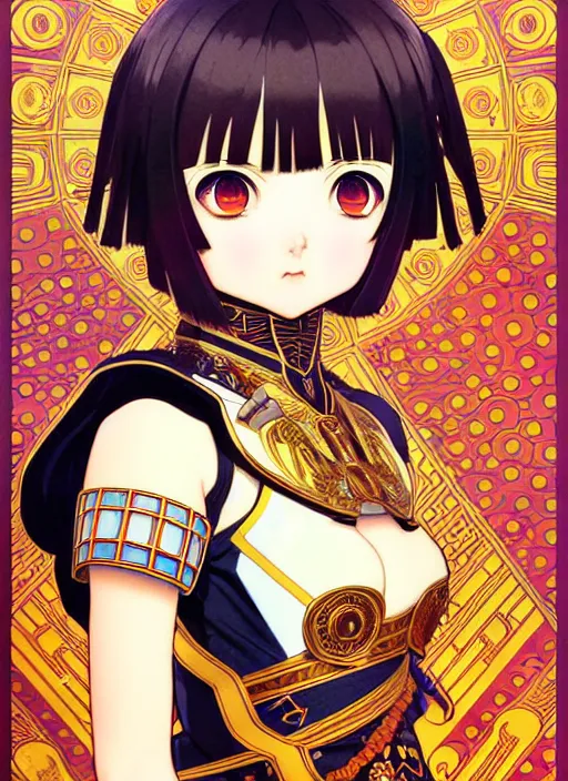 Image similar to ilya kuvshinov anime knight girl in ornate armor, last exile, murata range, fine detail, perfect anime face, dramatic lighting, dynamic composition, gustav klimt, art deco, cel shading, vivid, rich texture, ( ( ( yoshinari yoh ) ) ), alphonse mucha, ( ( ( colorful ) ) ),