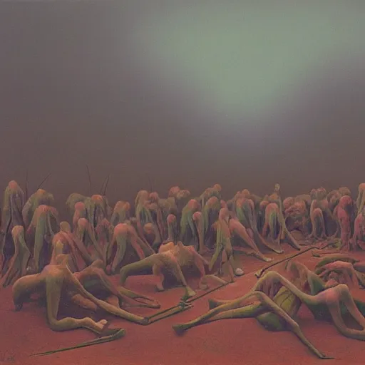 Image similar to camp by Zdzisław Beksiński, oil on canvas